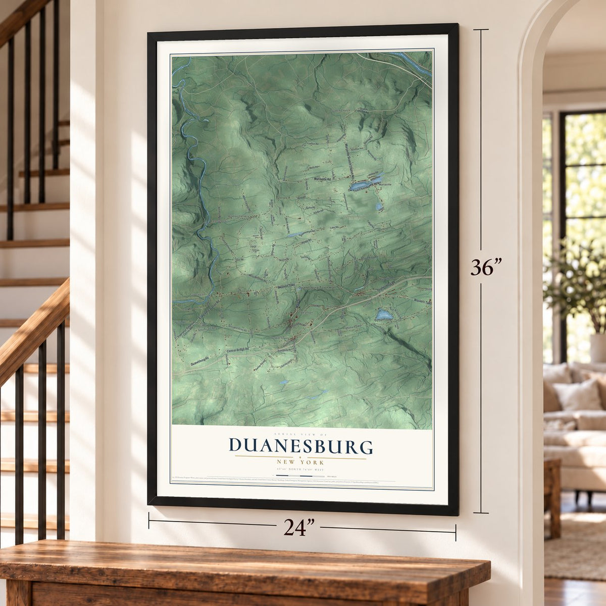 Duanesburg, New York map, 24 x 36 inch print in a black frame by a staircase