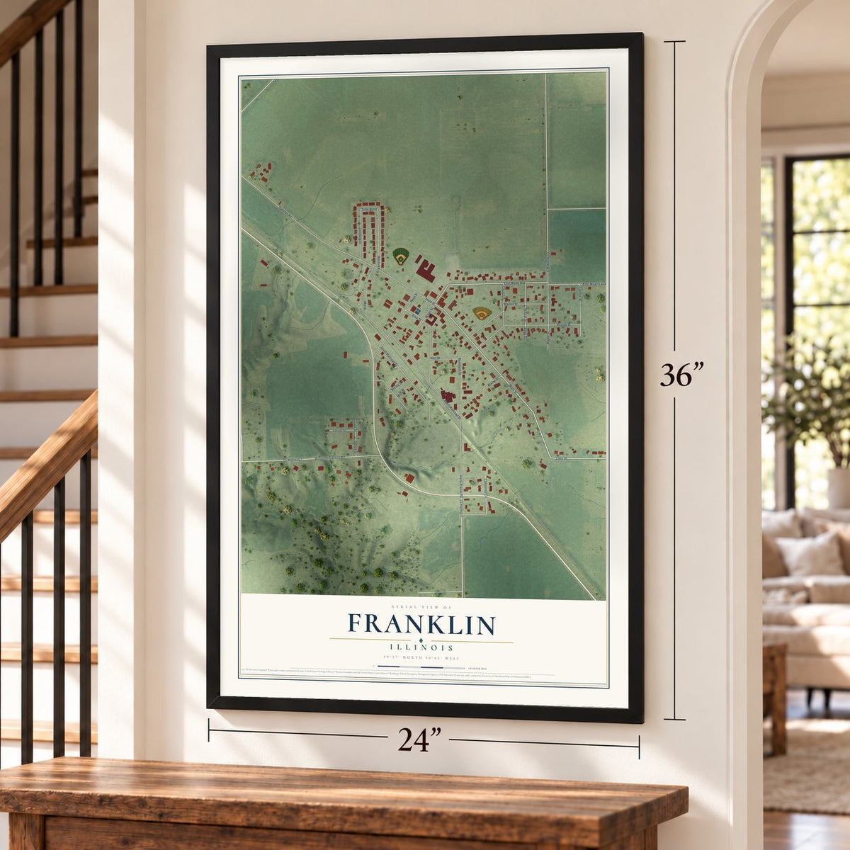 Franklin, Illinois map, 24 x 36 inch print in a black frame by a staircase