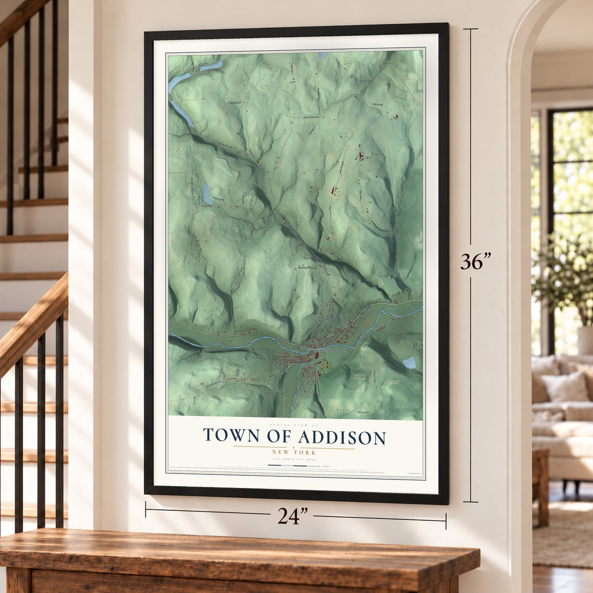 Town of Addison, New York map, 24 x 36 inch print in a black frame by a staircase