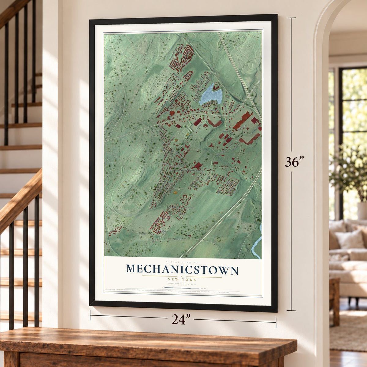 Mechanicstown, New York map, 24 x 36 inch print in a black frame by a staircase