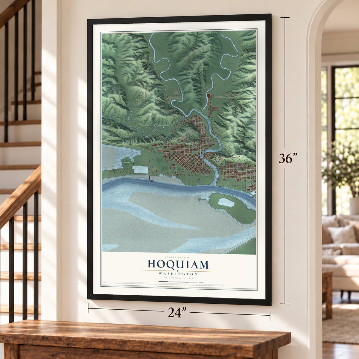 Hoquiam, Washington map, 24 x 36 inch print in a black frame by a staircase