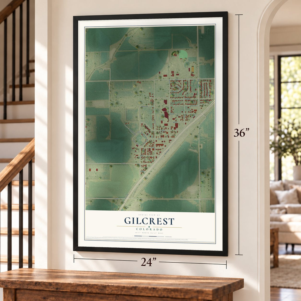 Gilcrest, Colorado map, 24 x 36 inch print in a black frame by a staircase