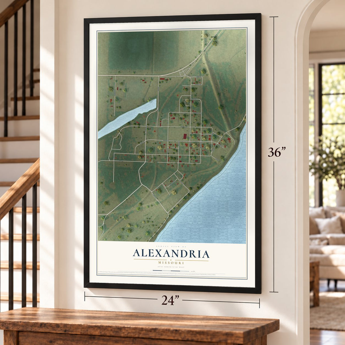 Alexandria, Missouri map, 24 x 36 inch print in a black frame by a staircase