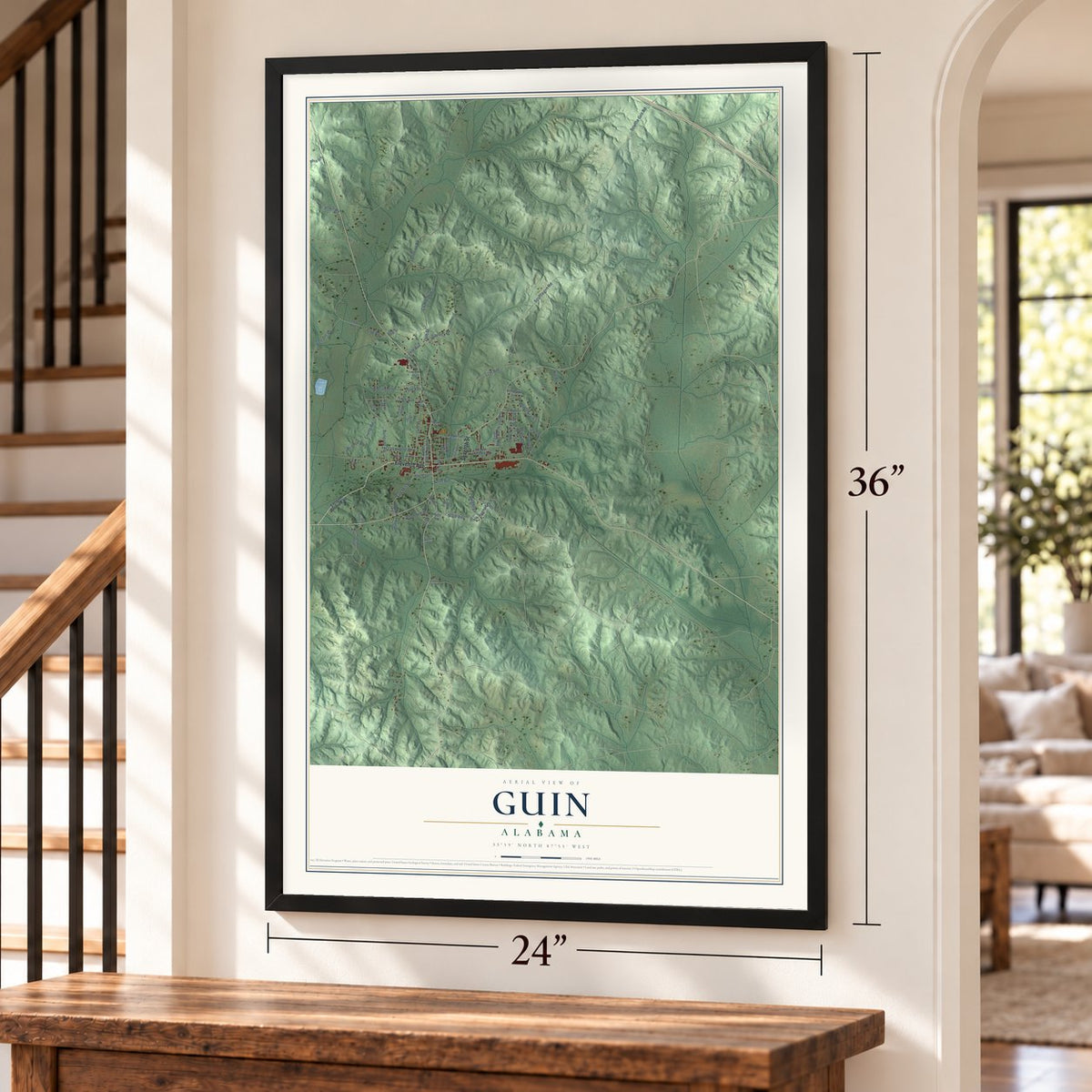 Guin, Alabama map, 24 x 36 inch print in a black frame by a staircase
