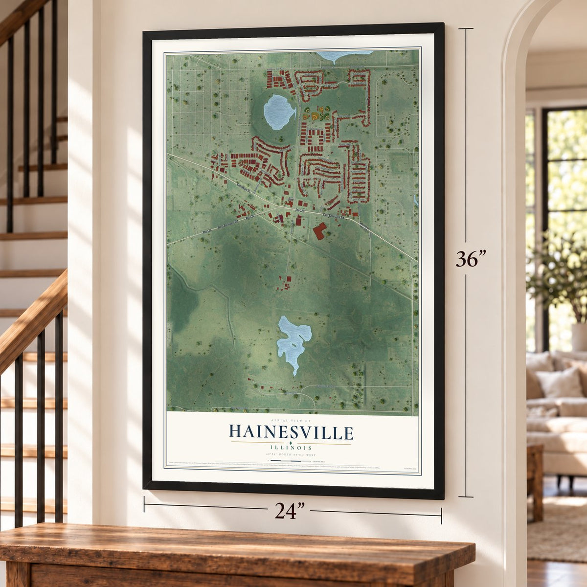 Hainesville, Illinois map, 24 x 36 inch print in a black frame by a staircase