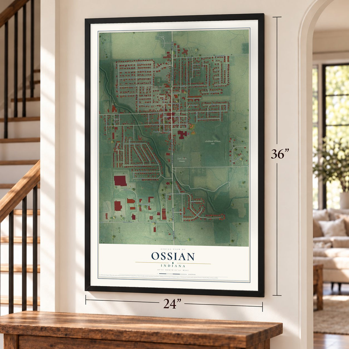 Ossian, Indiana map, 24 x 36 inch print in a black frame by a staircase