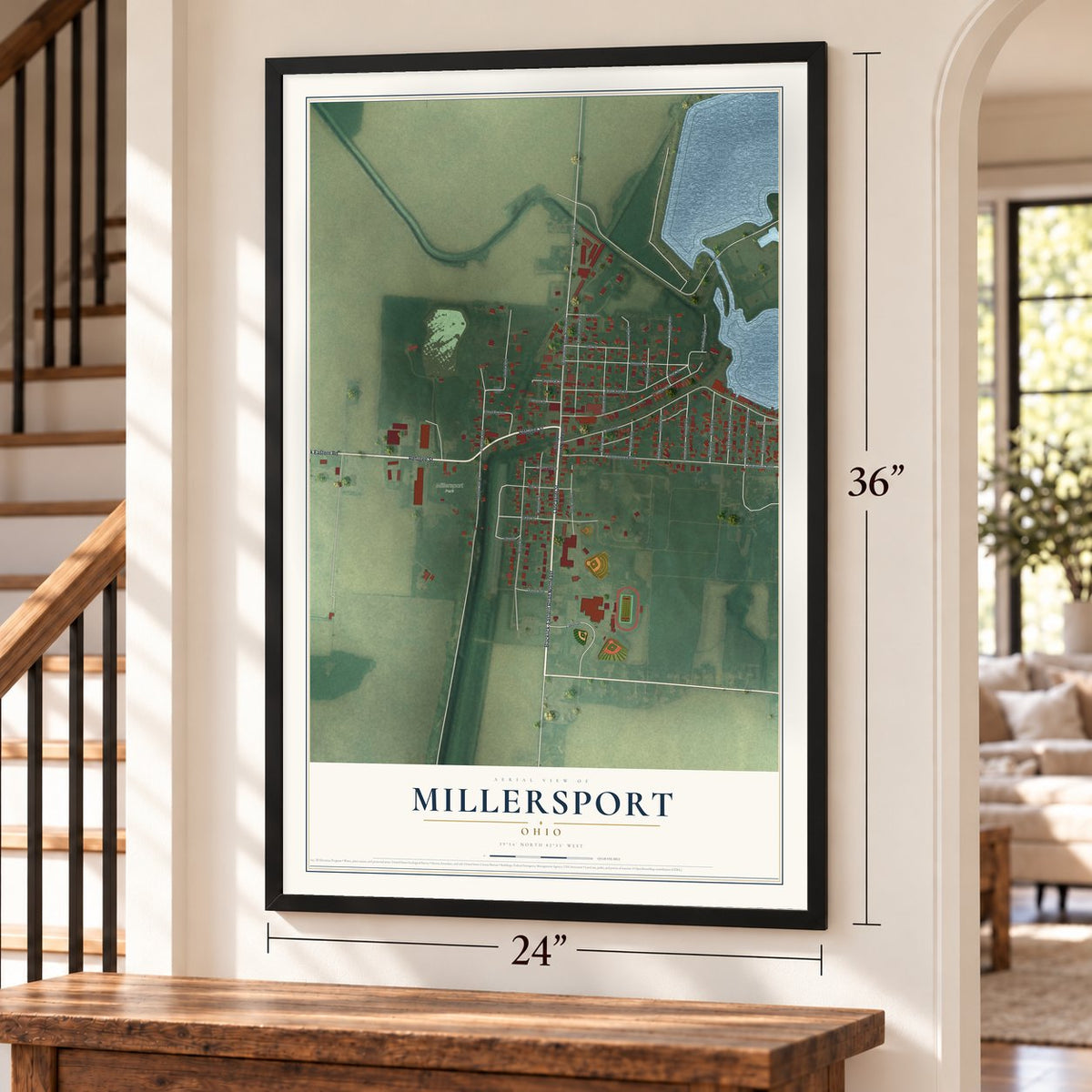 Millersport, Ohio map, 24 x 36 inch print in a black frame by a staircase