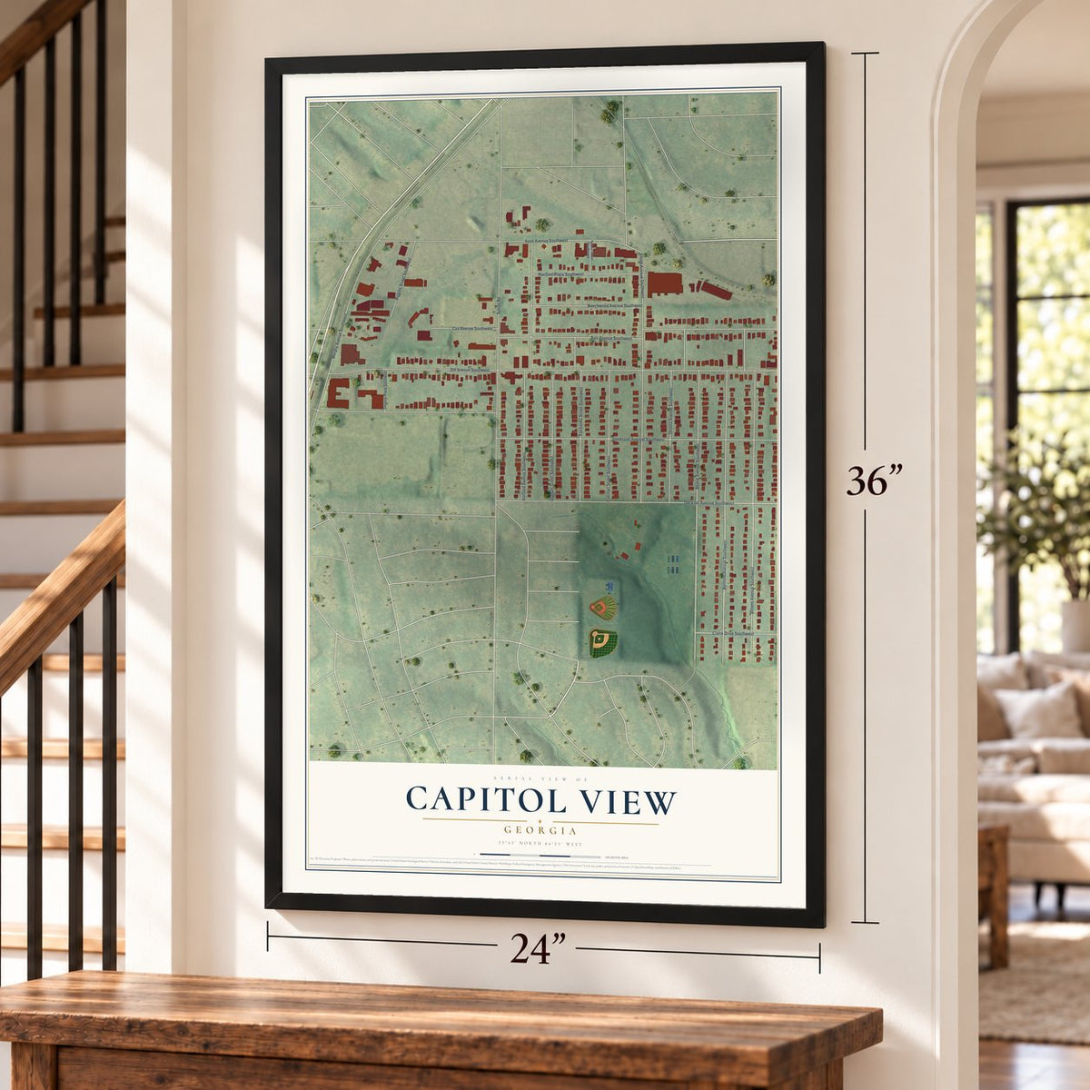 Capitol View, Georgia map, 24 x 36 inch print in a black frame by a staircase