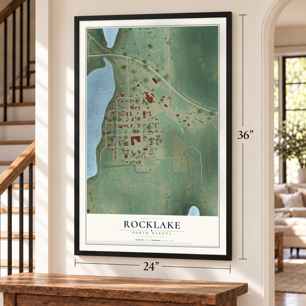 Rocklake, North Dakota map, 24 x 36 inch print in a black frame by a staircase