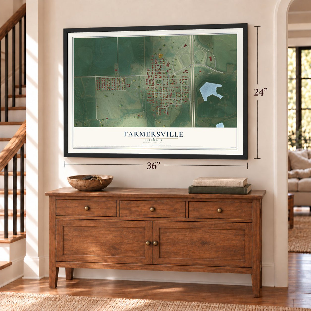 Farmersville, Illinois map, 24 x 36 inch print in a black frame above a dresser by a staircase