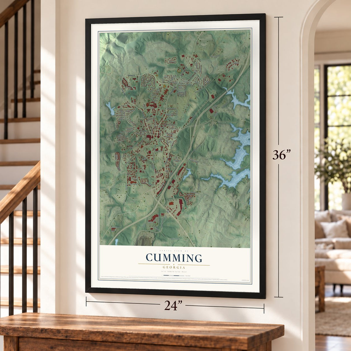 Cumming, Georgia map, 24 x 36 inch print in a black frame by a staircase