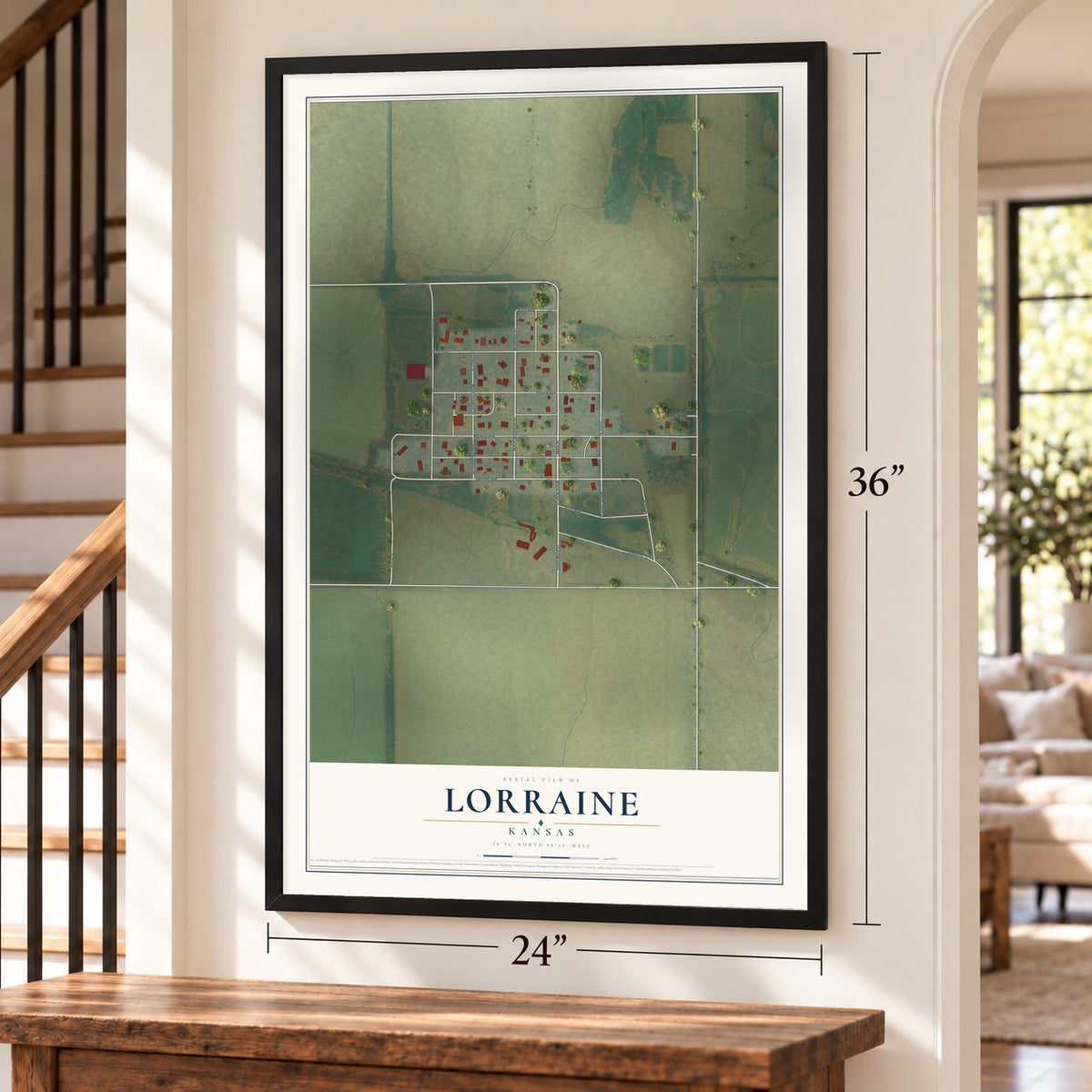 Lorraine, Kansas map, 24 x 36 inch print in a black frame by a staircase