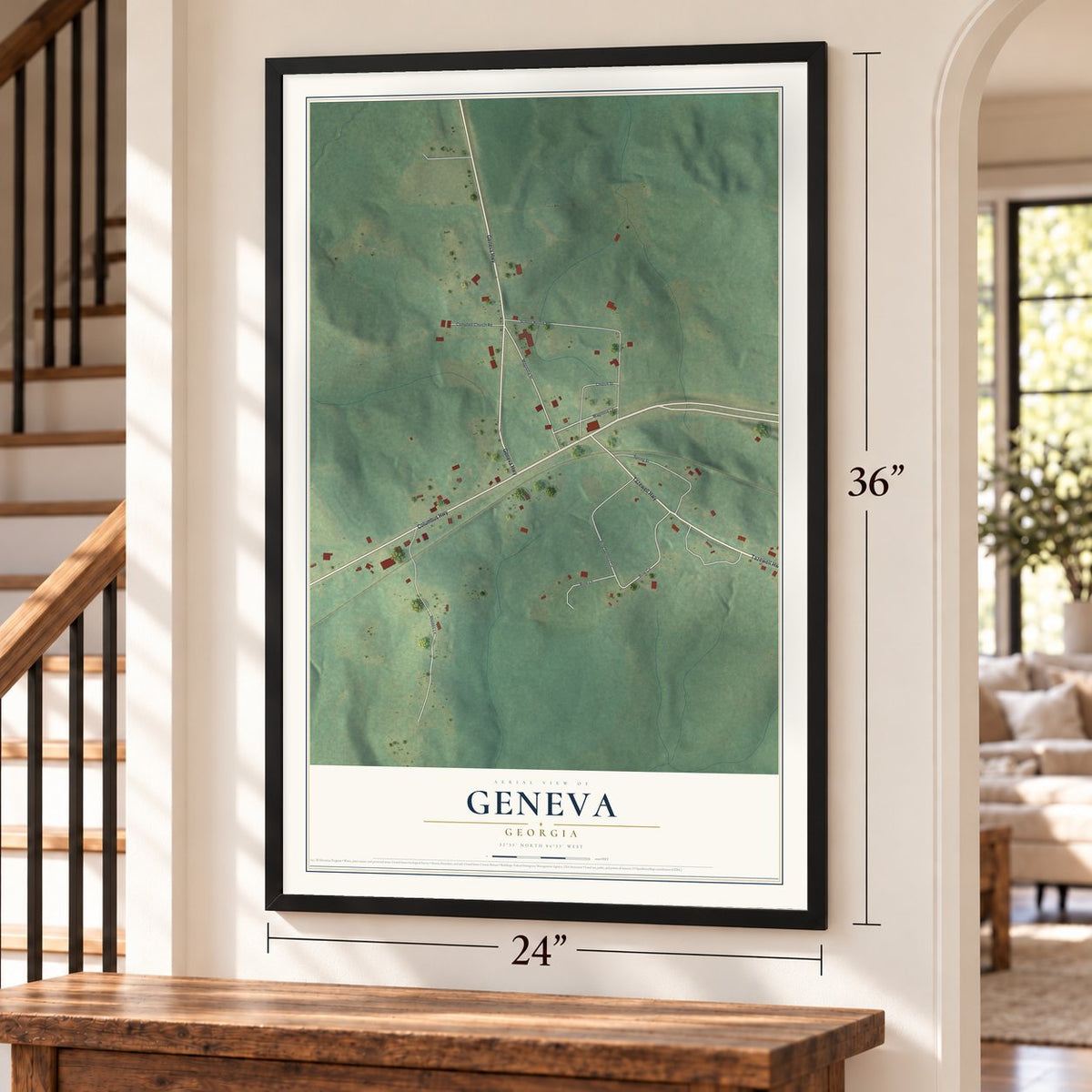 Geneva, Georgia map, 24 x 36 inch print in a black frame by a staircase