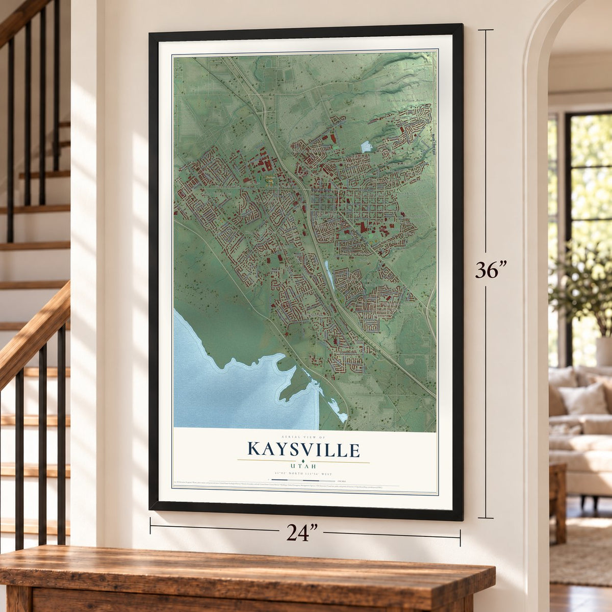 Kaysville, Utah map, 24 x 36 inch print in a black frame by a staircase