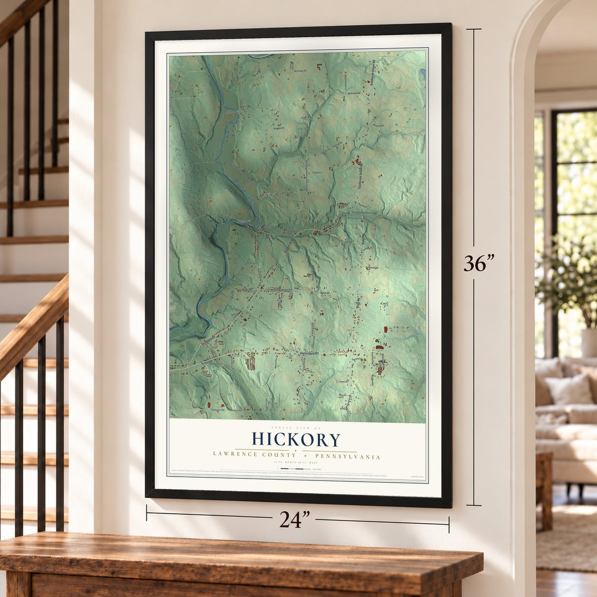 Hickory, Lawrence County, Pennsylvania map, 24 x 36 inch print in a black frame by a staircase