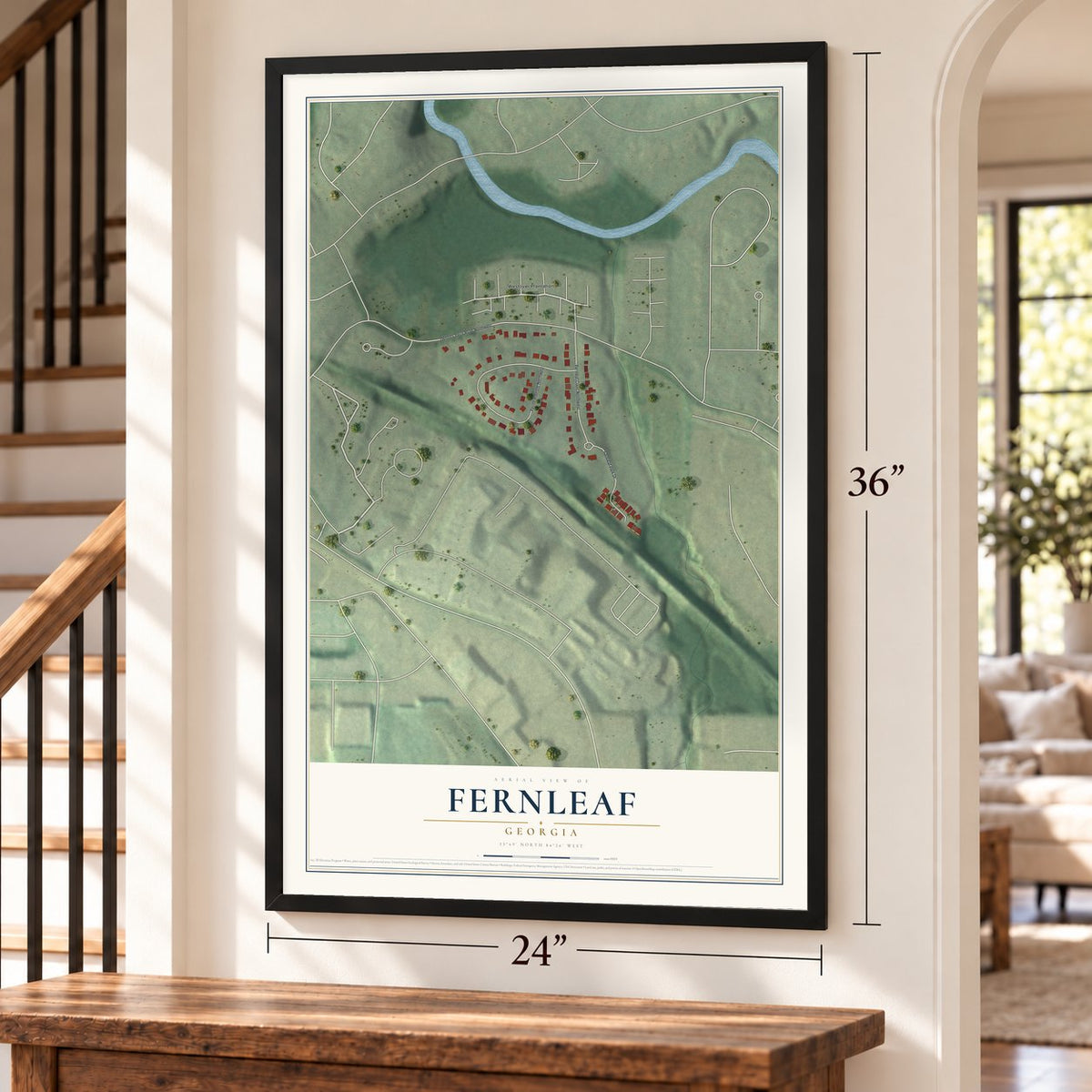 Fernleaf, Georgia map, 24 x 36 inch print in a black frame by a staircase