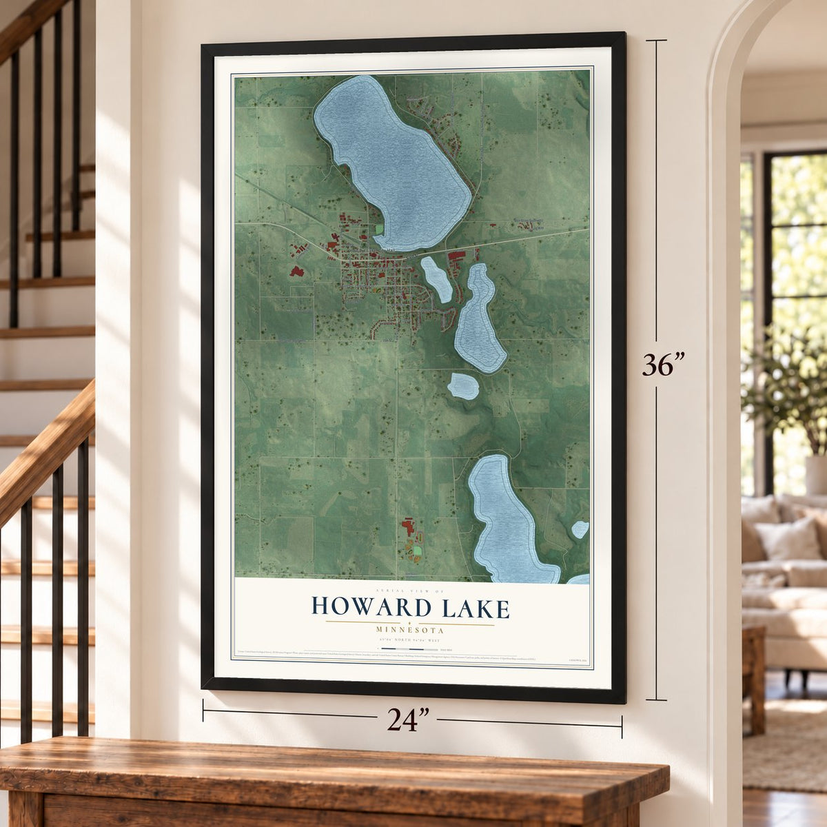 Howard Lake, Minnesota map, 24 x 36 inch print in a black frame by a staircase