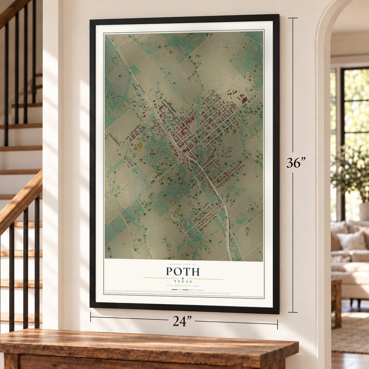 Poth, Texas map, 24 x 36 inch print in a black frame by a staircase