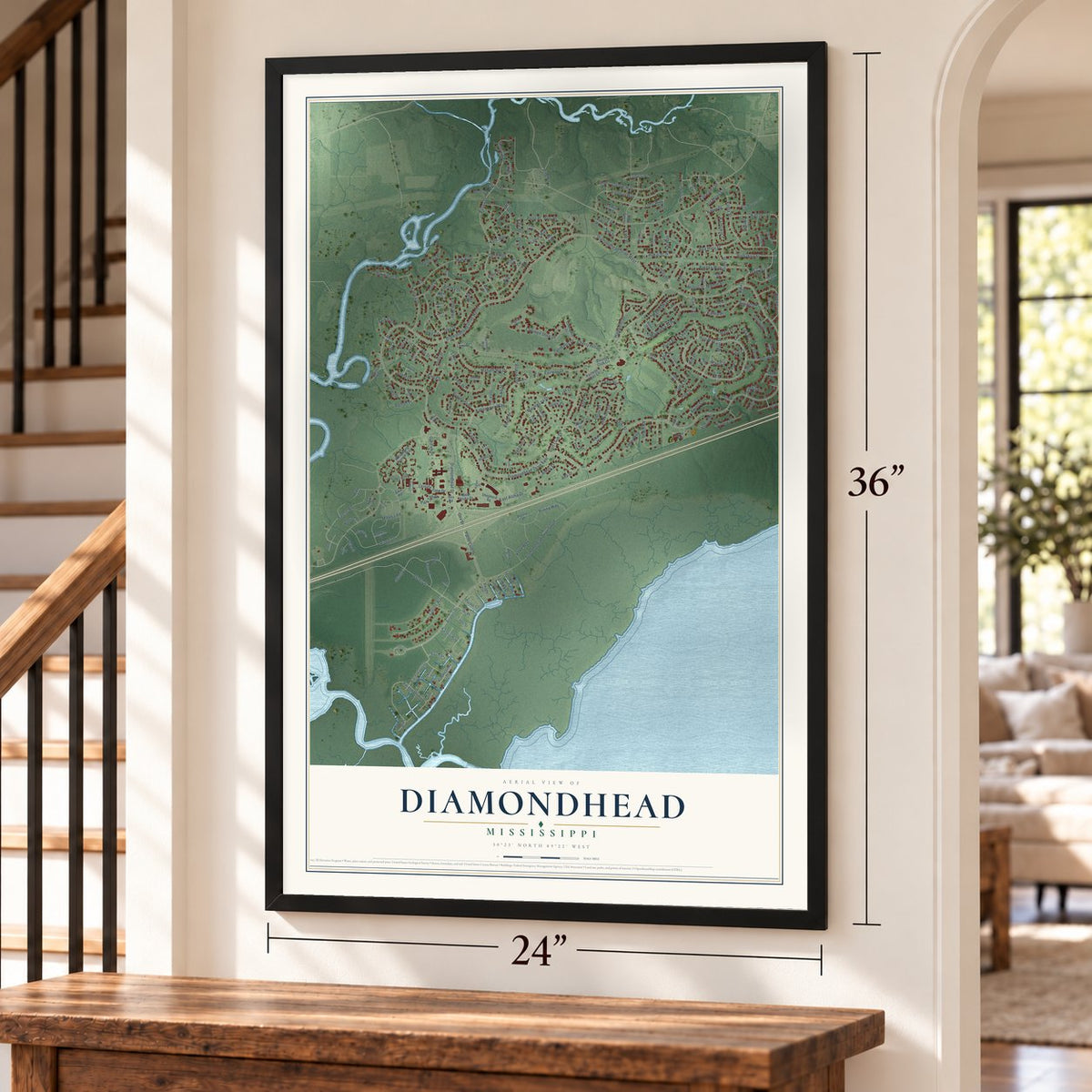 Diamondhead, Mississippi map, 24 x 36 inch print in a black frame by a staircase
