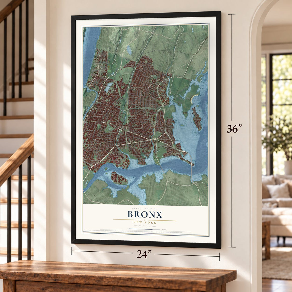 Bronx, New York map, 24 x 36 inch print in a black frame by a staircase
