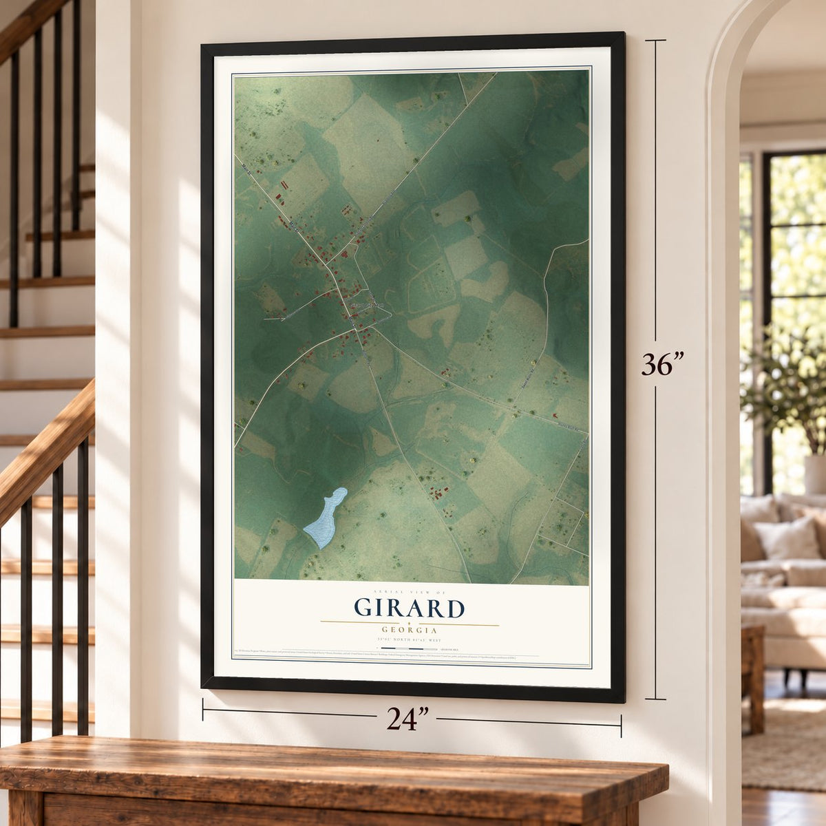 Girard, Georgia map, 24 x 36 inch print in a black frame by a staircase