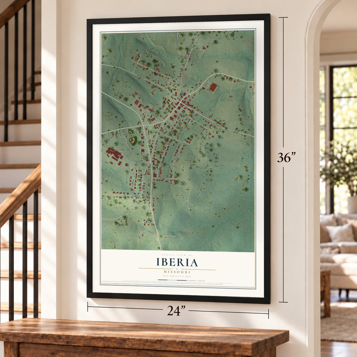 Iberia, Missouri map, 24 x 36 inch print in a black frame by a staircase