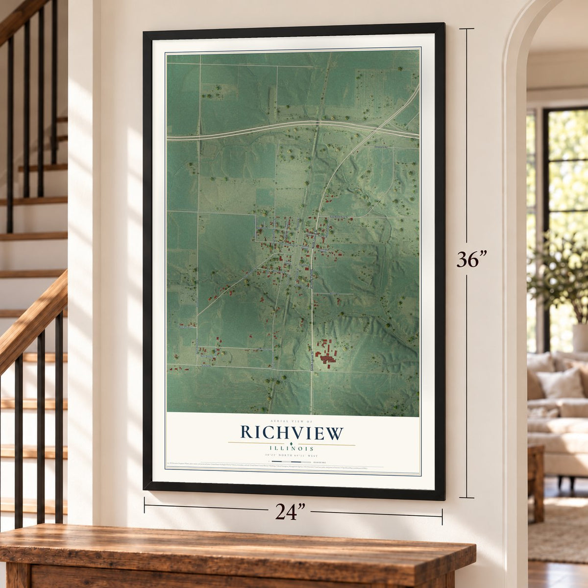 Richview, Illinois map, 24 x 36 inch print in a black frame by a staircase