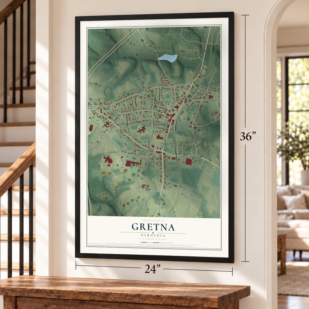 Gretna, Virginia map, 24 x 36 inch print in a black frame by a staircase