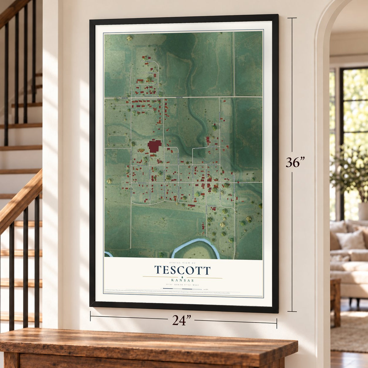 Tescott, Kansas map, 24 x 36 inch print in a black frame by a staircase