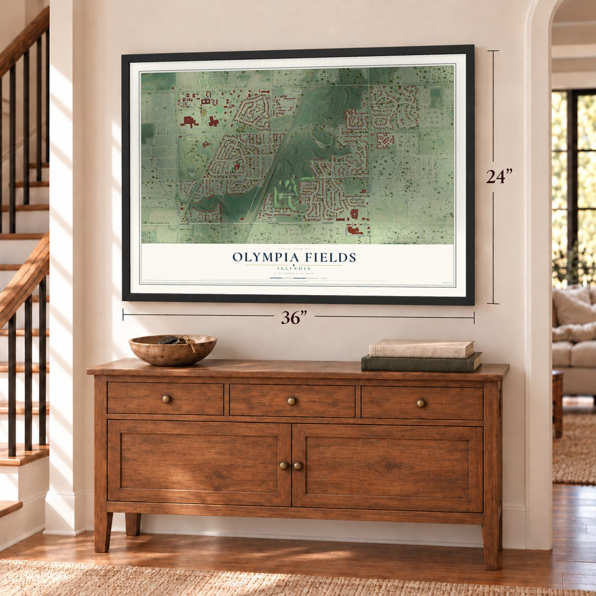 Olympia Fields, Illinois map, 24 x 36 inch print in a black frame above a dresser by a staircase