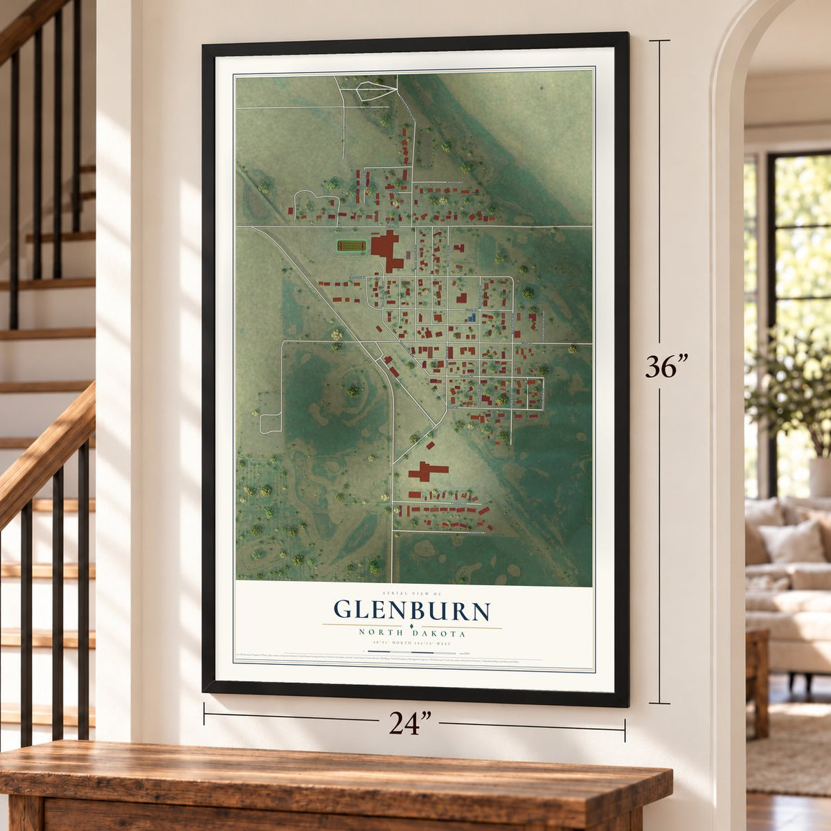 Glenburn, North Dakota map, 24 x 36 inch print in a black frame by a staircase