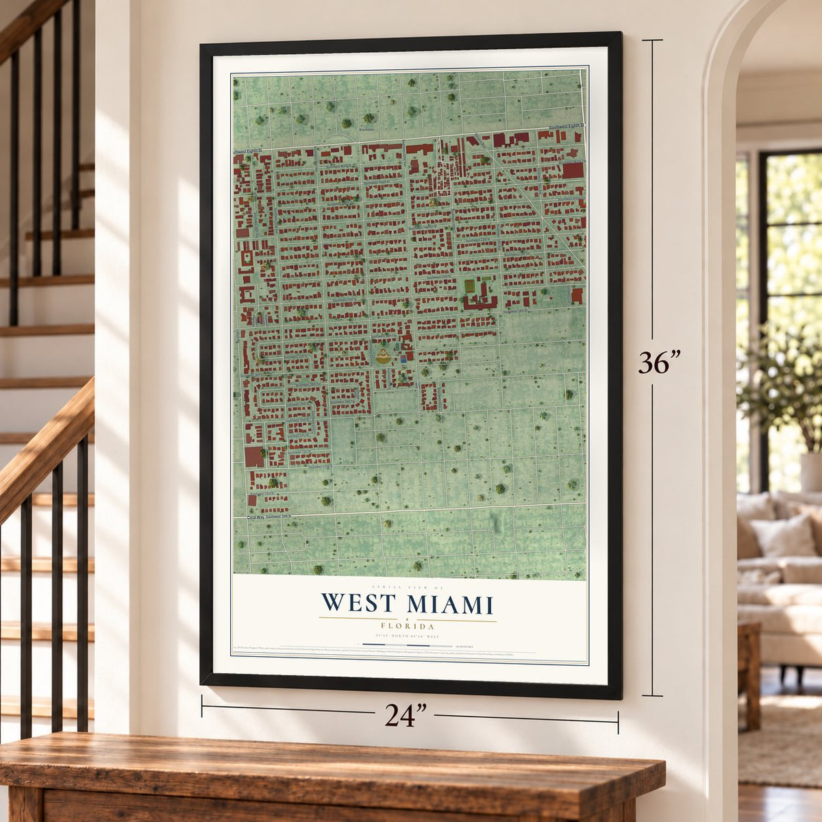 West Miami, Florida map, 24 x 36 inch print in a black frame by a staircase
