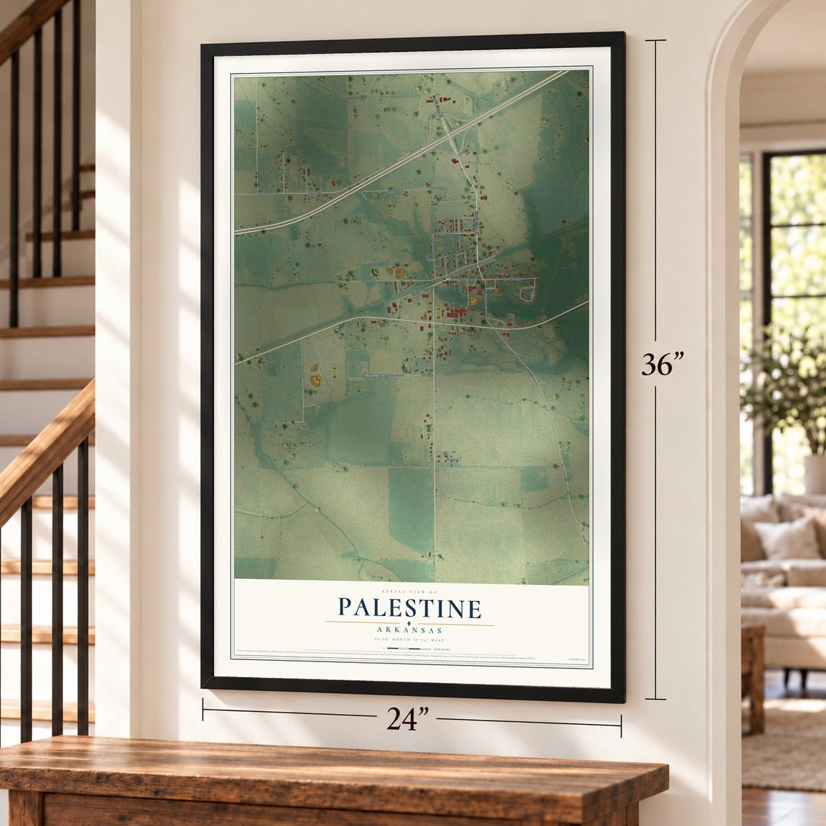 Palestine, Arkansas map, 24 x 36 inch print in a black frame by a staircase
