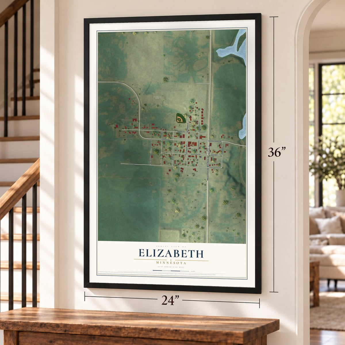 Elizabeth, Minnesota map, 24 x 36 inch print in a black frame by a staircase
