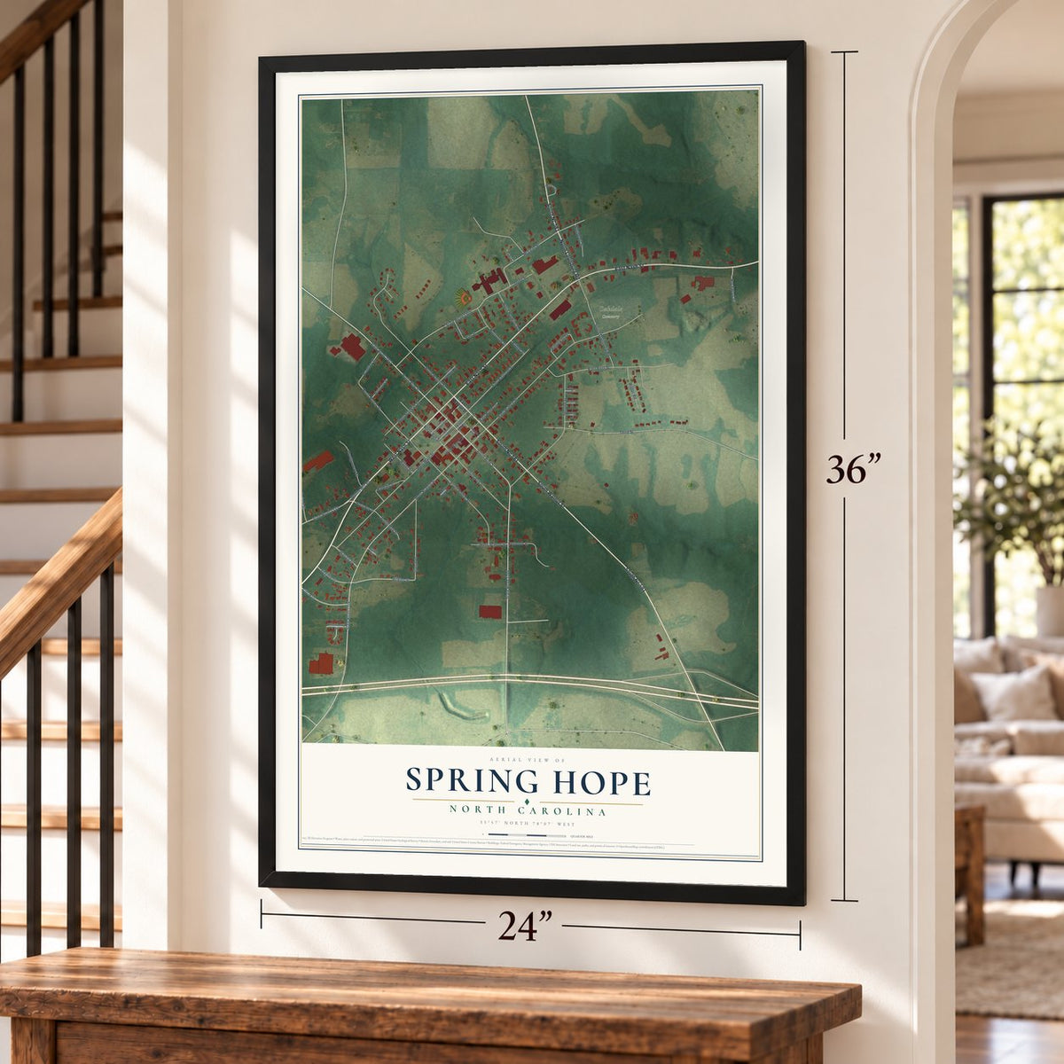 Spring Hope, North Carolina map, 24 x 36 inch print in a black frame by a staircase