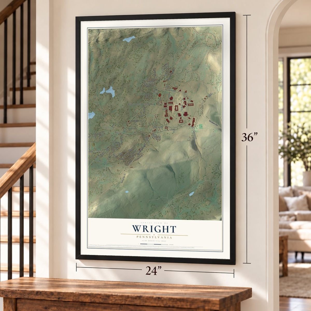Wright, Pennsylvania map, 24 x 36 inch print in a black frame by a staircase
