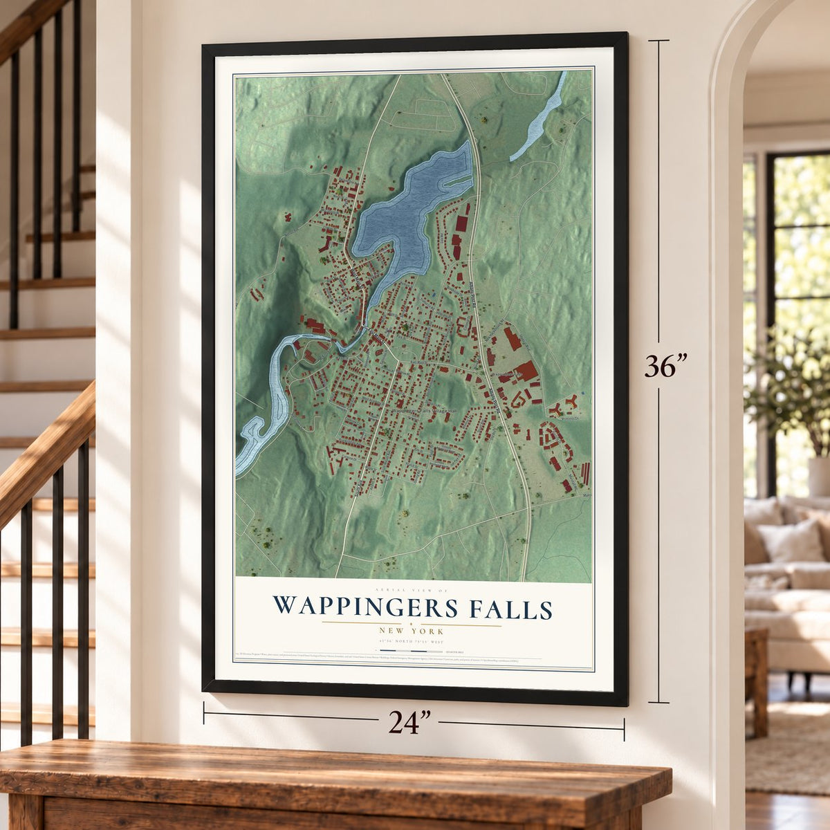 Wappingers Falls, New York map, 24 x 36 inch print in a black frame by a staircase
