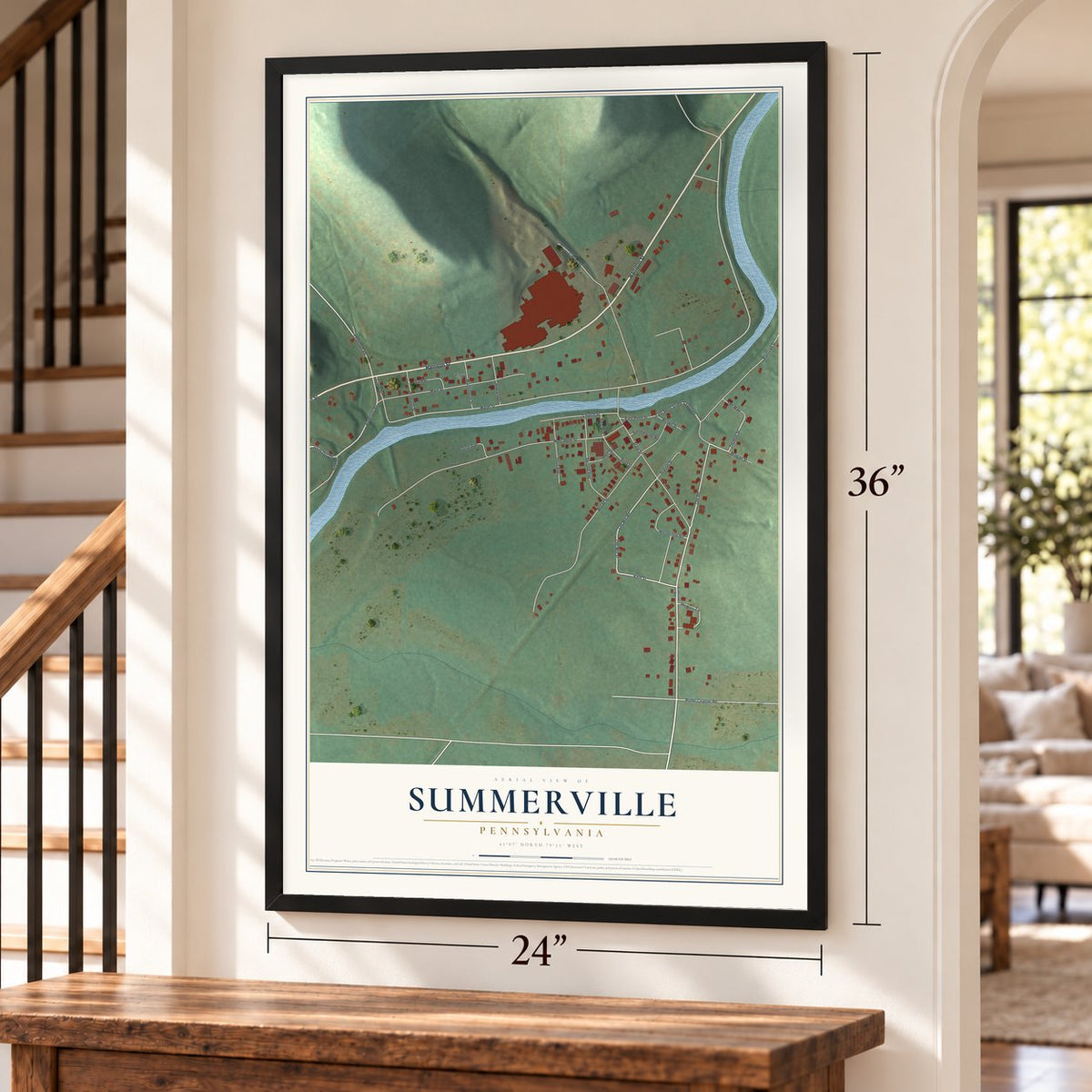 Summerville, Pennsylvania map, 24 x 36 inch print in a black frame by a staircase
