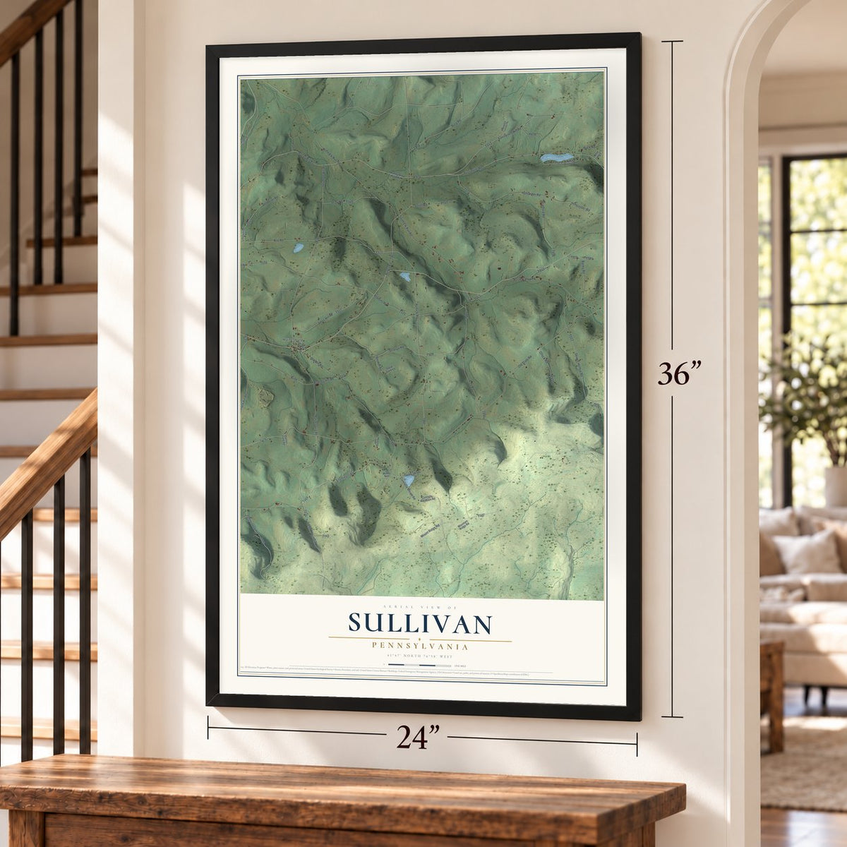 Sullivan, Pennsylvania map, 24 x 36 inch print in a black frame by a staircase