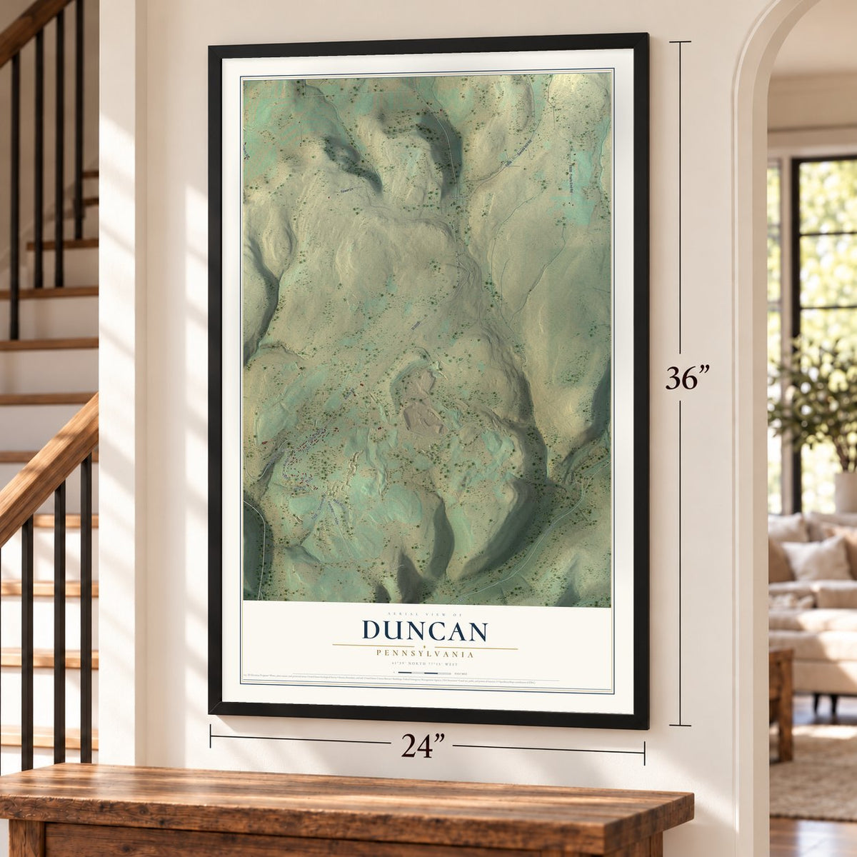Duncan, Pennsylvania map, 24 x 36 inch print in a black frame by a staircase