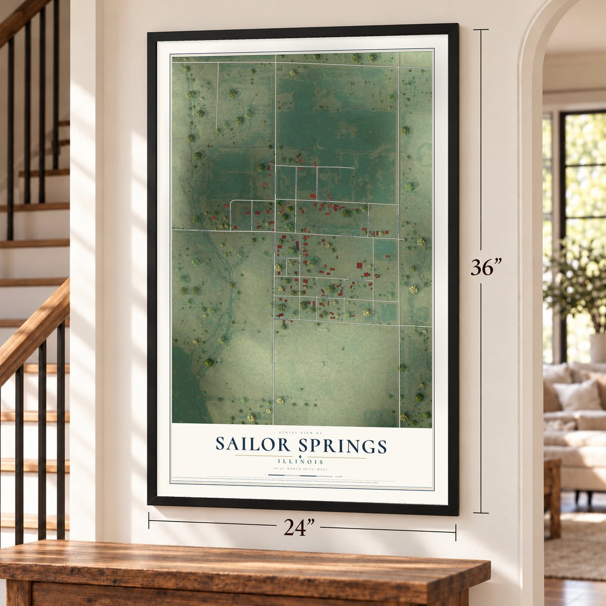 Sailor Springs, Illinois map, 24 x 36 inch print in a black frame by a staircase