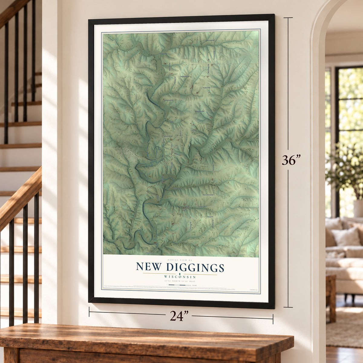 New Diggings, Wisconsin map, 24 x 36 inch print in a black frame by a staircase