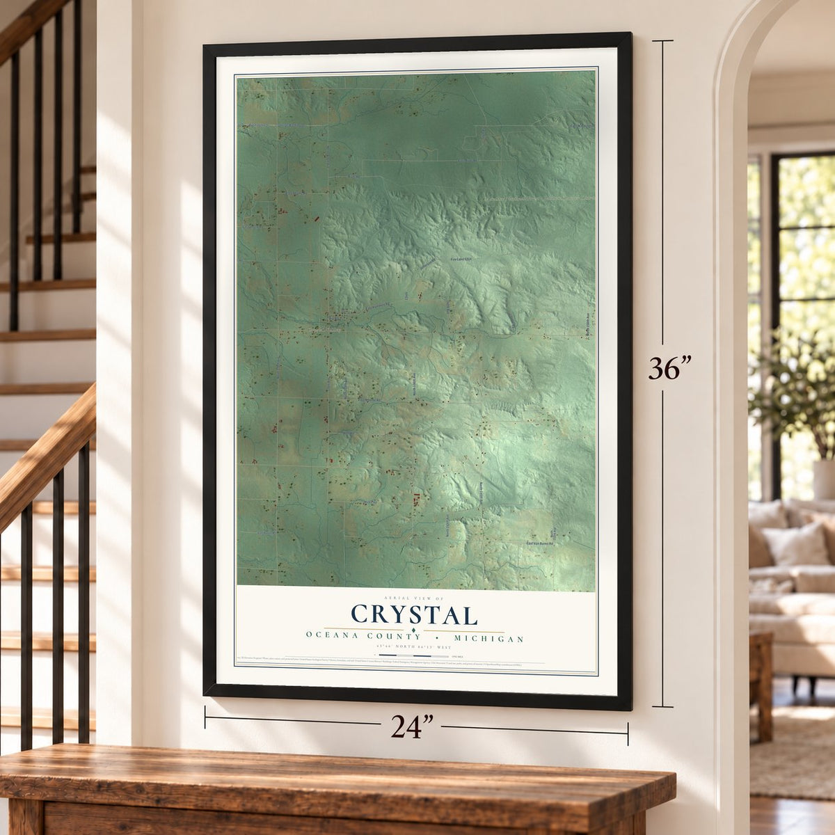 Crystal, Oceana County, Michigan map, 24 x 36 inch print in a black frame by a staircase