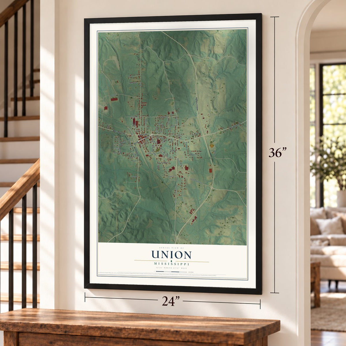 Union, Mississippi map, 24 x 36 inch print in a black frame by a staircase