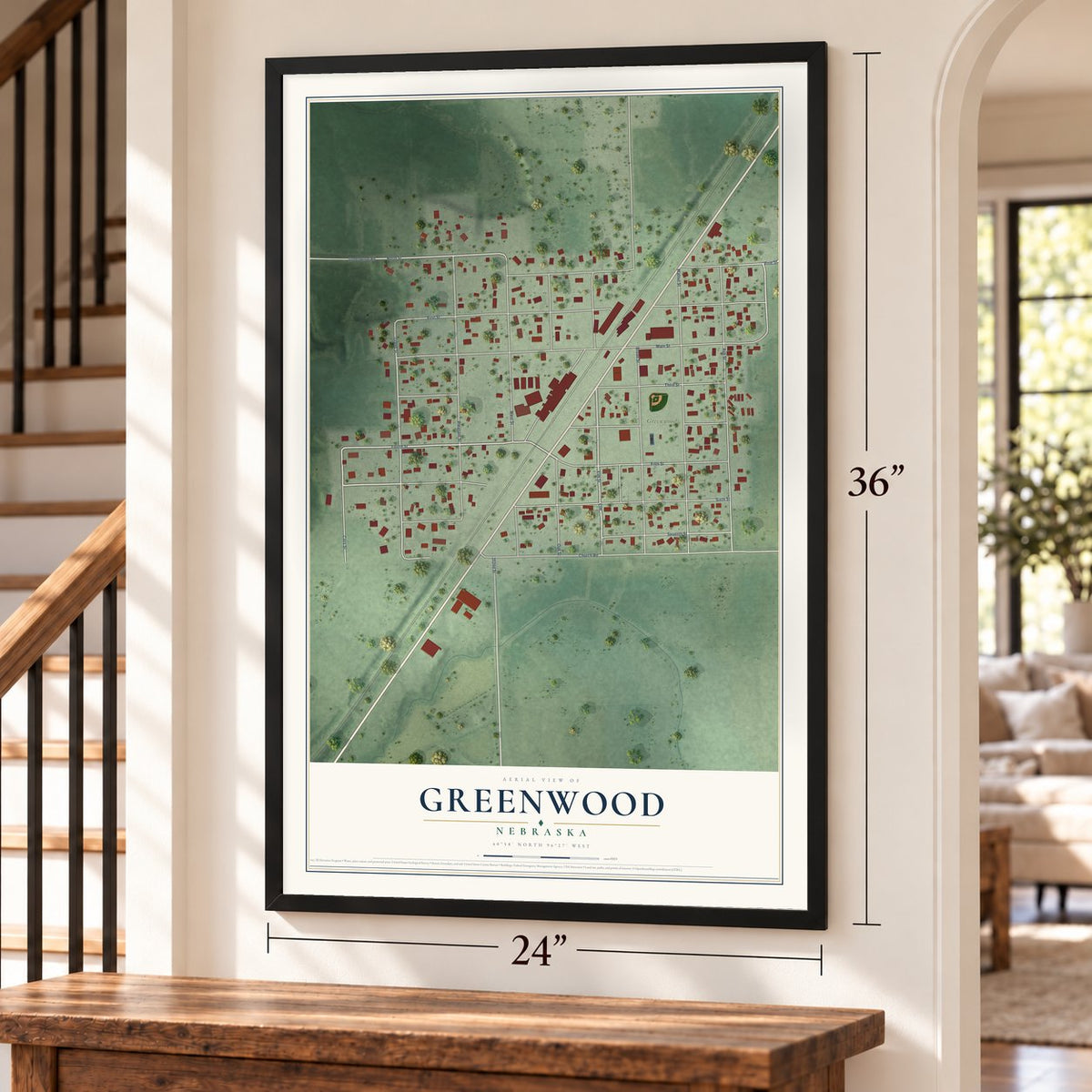 Greenwood, Nebraska map, 24 x 36 inch print in a black frame by a staircase