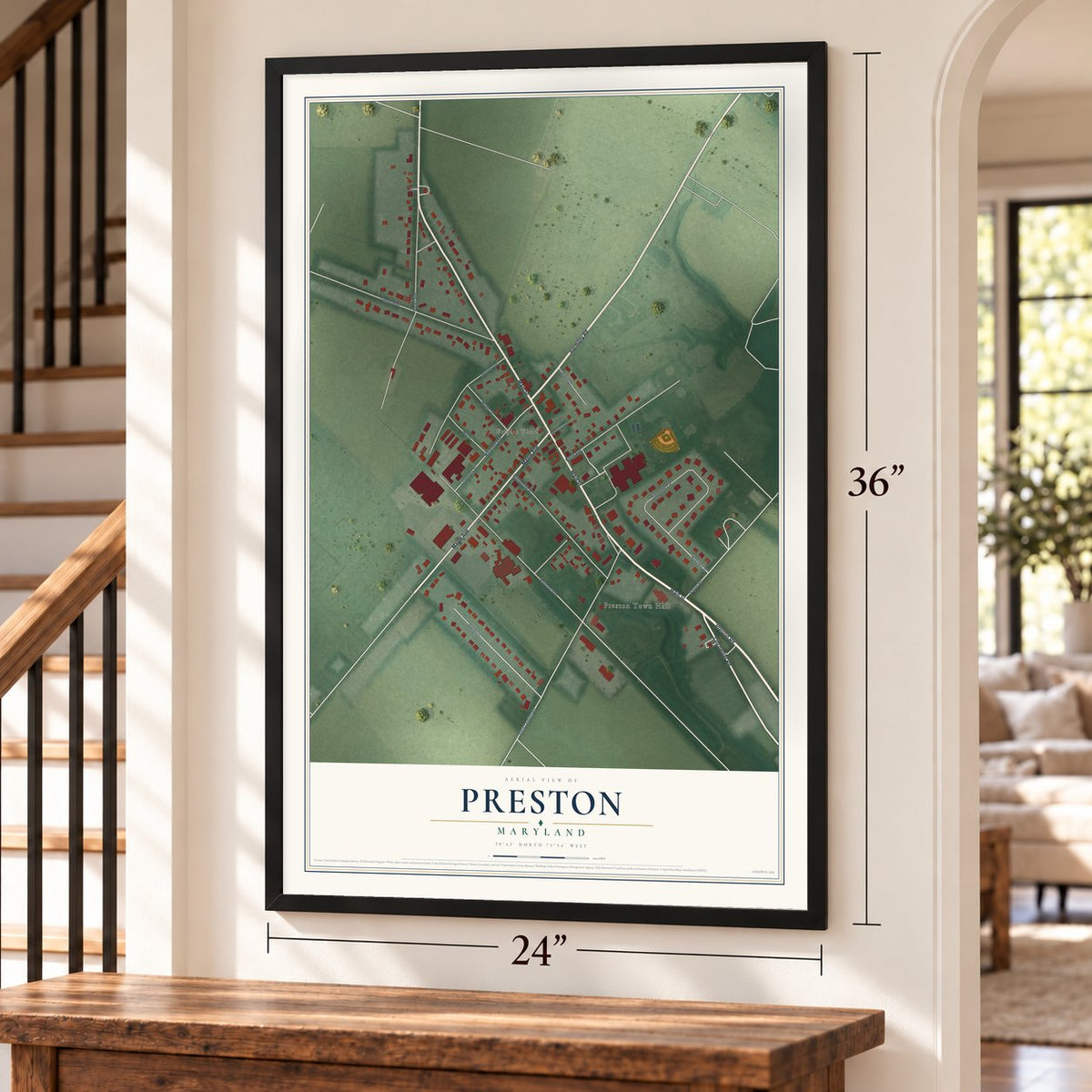 Preston, Maryland map, 24 x 36 inch print in a black frame by a staircase
