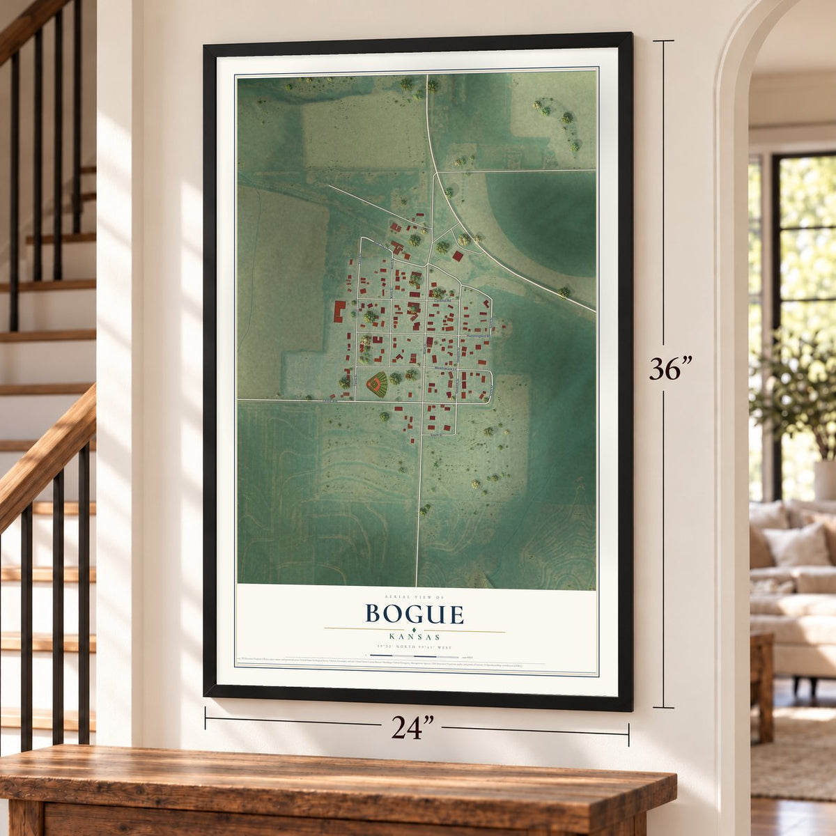Bogue, Kansas map, 24 x 36 inch print in a black frame by a staircase