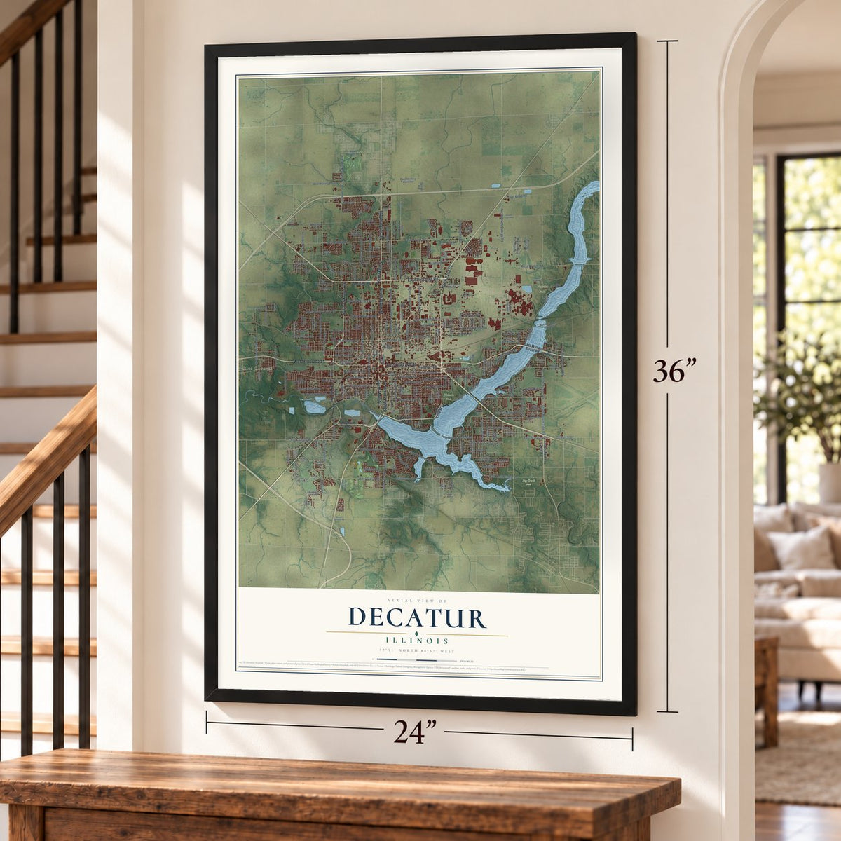 Decatur, Illinois map, 24 x 36 inch print in a black frame by a staircase