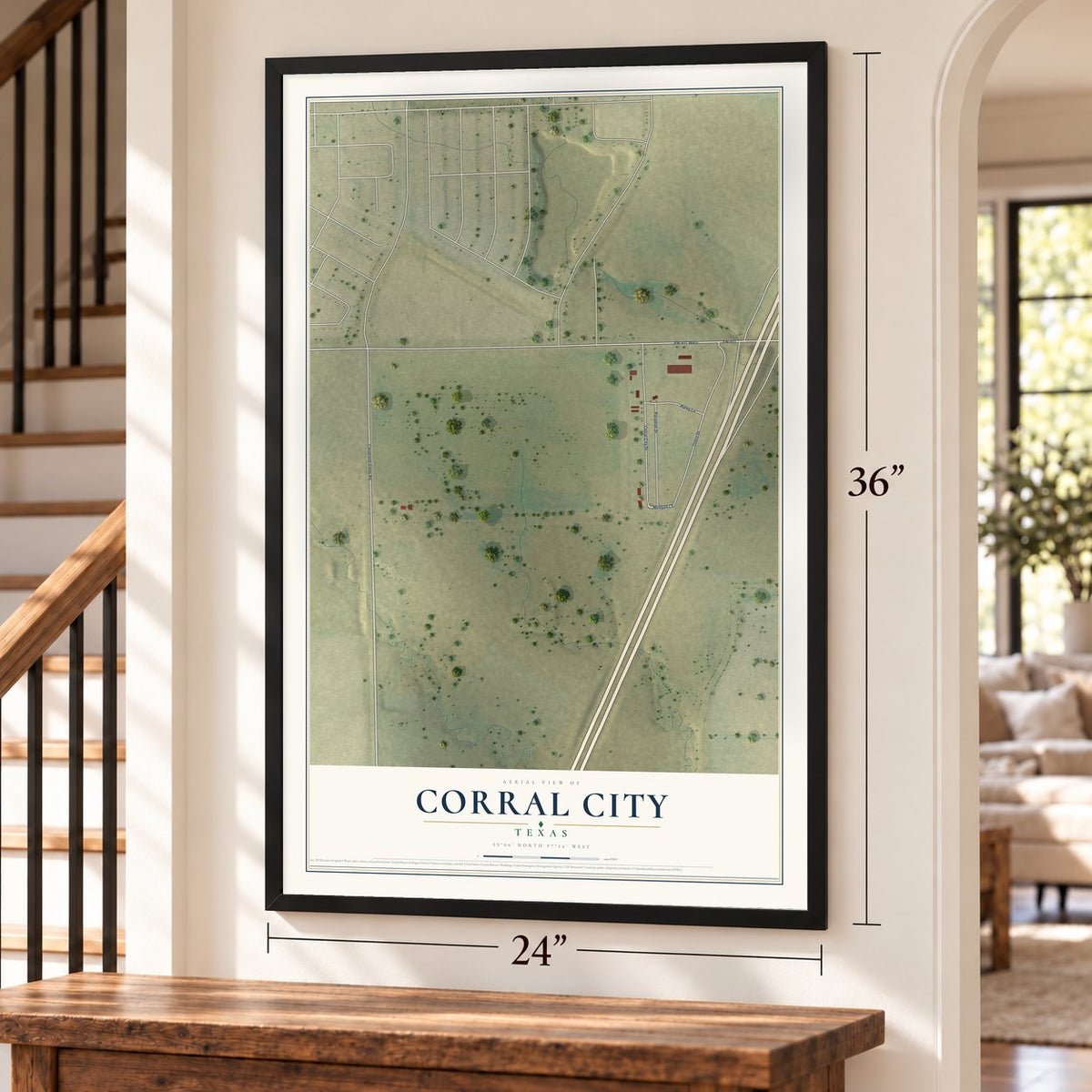 Corral City, Texas map, 24 x 36 inch print in a black frame by a staircase