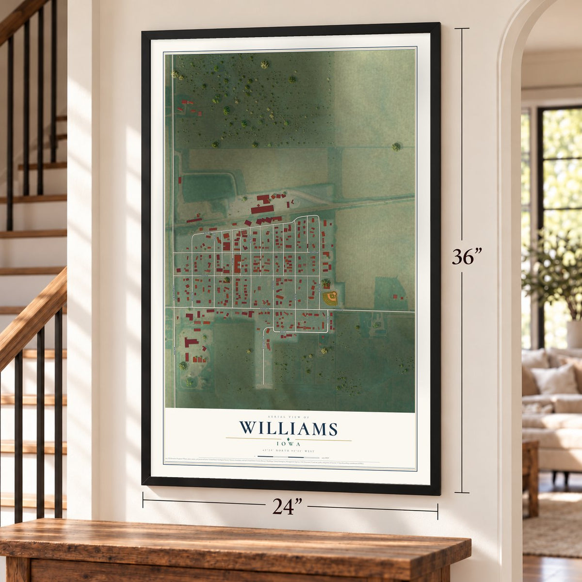 Williams, Iowa map, 24 x 36 inch print in a black frame by a staircase